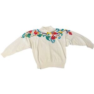 Vintage Embroidered  Crewel Cream Ivory Floral High Neck Sweater Maurada Western